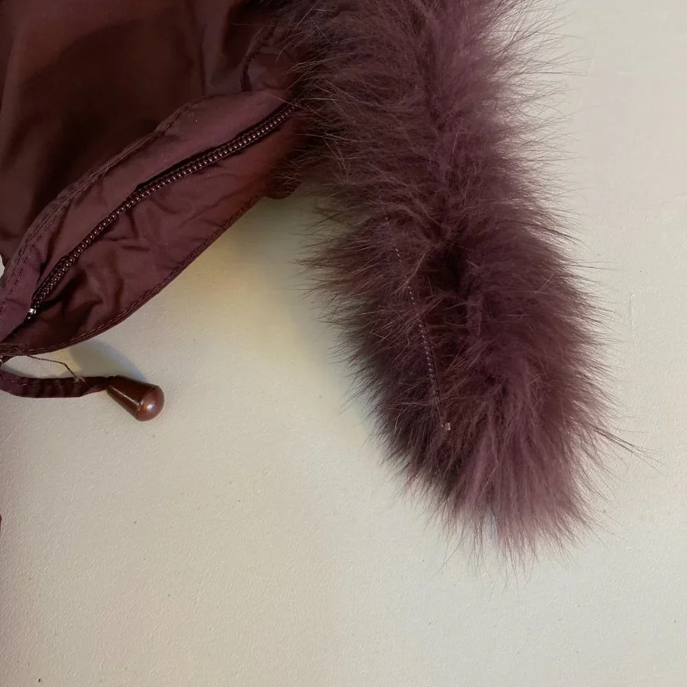 Down Puffer Jacket  Maroon Burgundy Embroidered Coat with Fur Trim - Picture 8 of 15